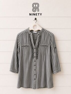 NINETY  – Grey Striped Blouse with Ruffle Detail – Size L